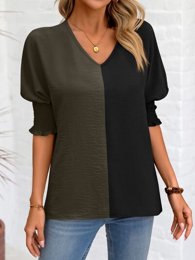 swvws Contrast V-Neck Lantern Sleeve Blouse