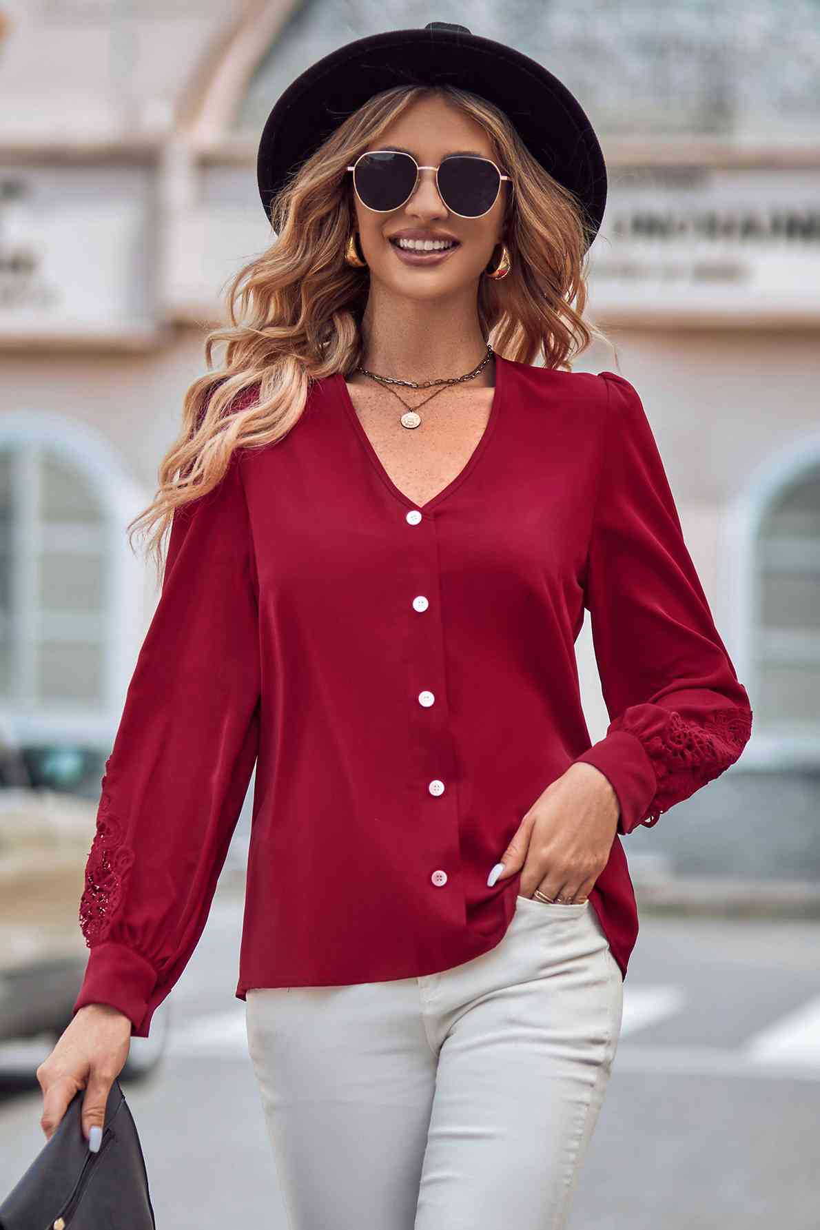 swvws Spliced Lace V-Neck Puff Sleeve Shirt