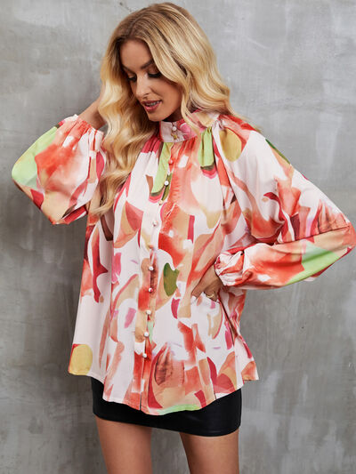 swvws Printed Mock Neck Balloon Sleeve Shirt