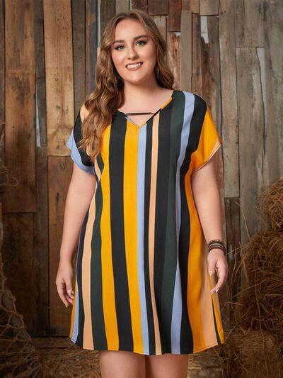 swvws Plus Size Striped Short Sleeve Mini Dress