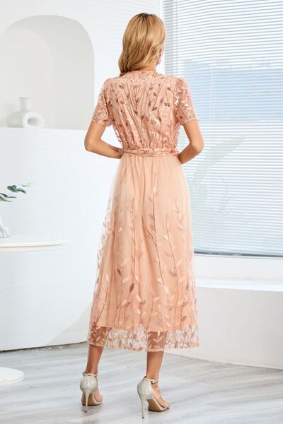 swvws Sequin Leaf Embroidery Tie Front Short Sleeve Dress