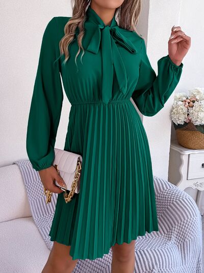 swvws Tie Neck Balloon Sleeve Pleated Dress