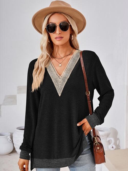 swvws Crochet Contrast V-Neck Long Sleeve Slit T-Shirt