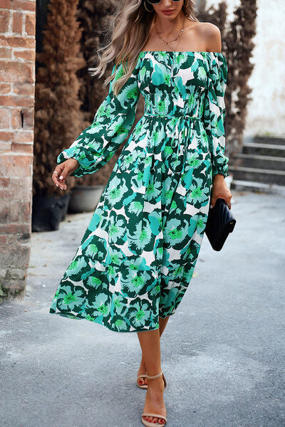 swvws Printed Balloon Sleeve Pocketed Midi Dress