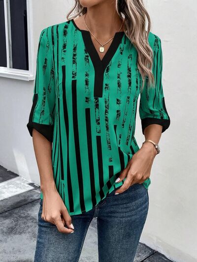 swvws Striped Notched Half Sleeve Blouse