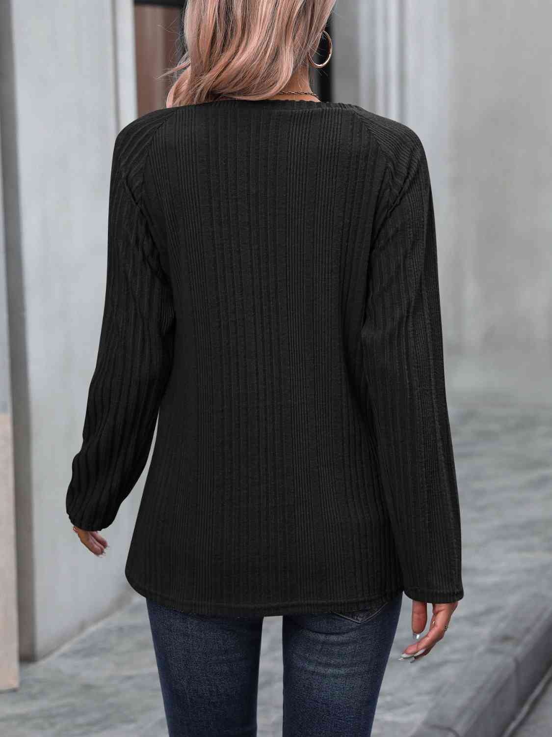 swvws Ribbed Buttoned Round Neck Long Sleeve T-Shirt