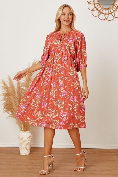 swvws Floral Tie Neck Half Sleeve Dress