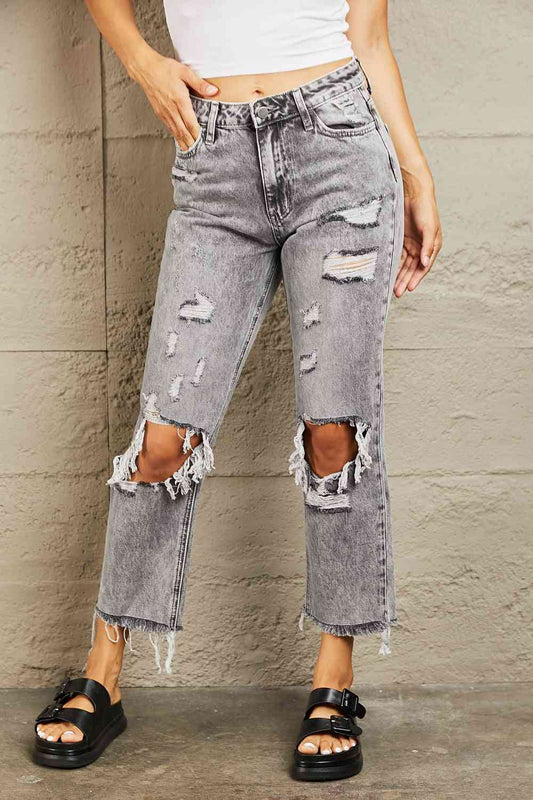 swvws BAYEAS Acid Wash Distressed Straight Jeans