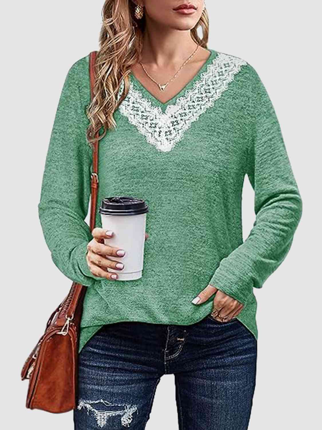 swvws Lace Detail V-Neck Long Sleeve Top