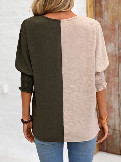 swvws Contrast V-Neck Lantern Sleeve Blouse