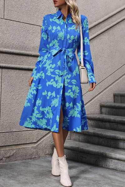 swvws Printed Button Up Tie Waist Dress