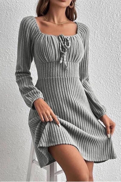 swvws Ribbed Tied Square Neck Long Sleeve Mini Dress