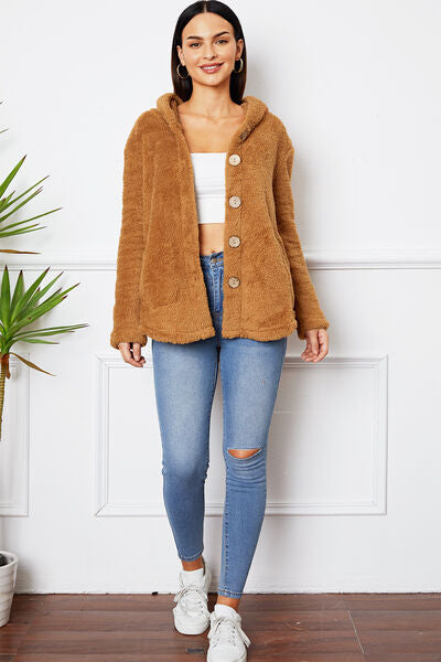 swvws Fuzzy Button Up Hooded Outerwear