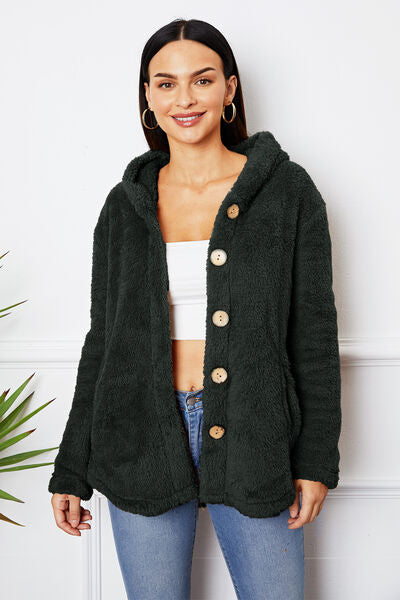 swvws Fuzzy Button Up Hooded Outerwear