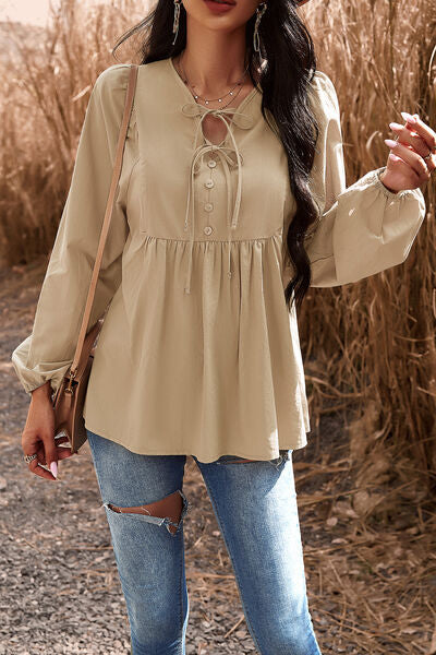 swvws Tied Decorative Button Balloon Sleeve Blouse