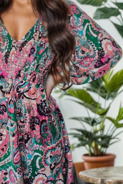 swvws Printed V-Neck Long Sleeve Mini Dress