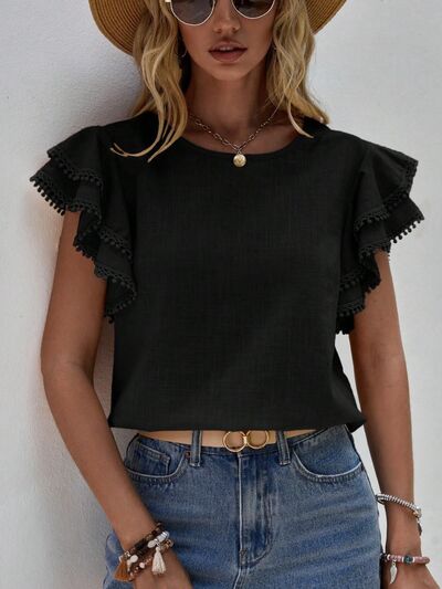 swvws Ruffled Cap Sleeve Round Neck Blouse