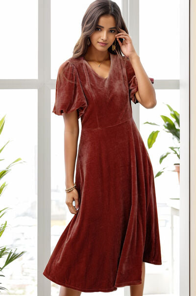 swvws V-Neck Balloon Sleeve Midi Dress