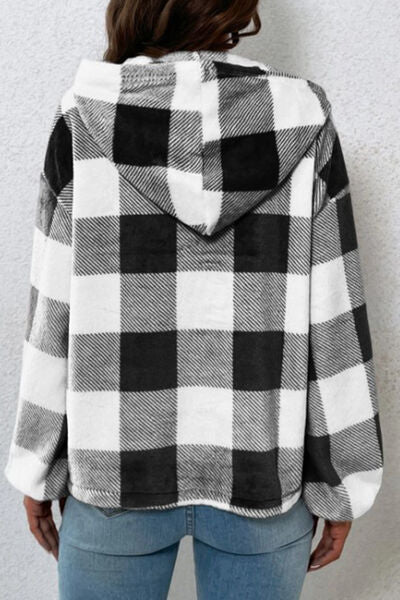 swvws Plaid Quarter Button Dropped Shoulder Hoodie