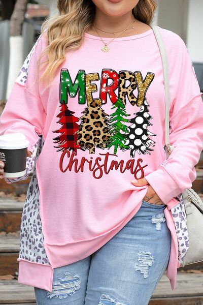 swvws Plus Size MERRY CHRISTMAS Leopard Dropped Shoulder Sweatshirt