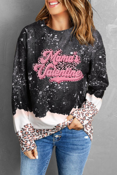 swvws MAMA'S VALENTINE Leopard Round Neck Sweatshirt