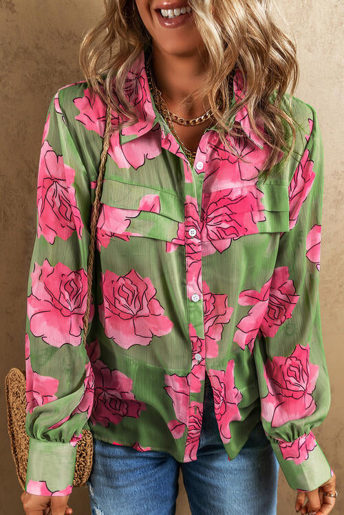 swvws Flower Collared Neck Long Sleeve Shirt