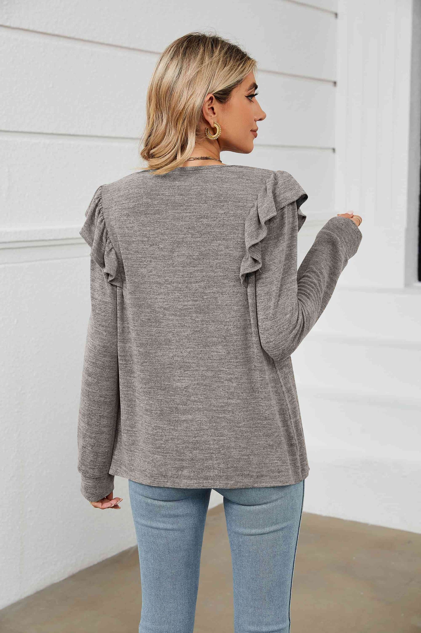 swvws Square Neck Ruffle Shoulder Long Sleeve T-Shirt