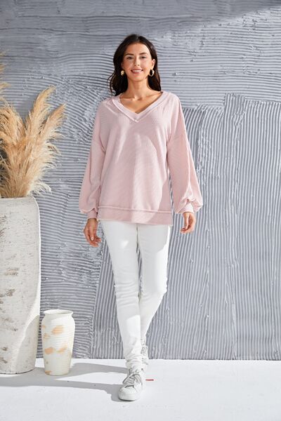 swvws V-Neck Drop Shoulder Lantern Sleeve Blouse