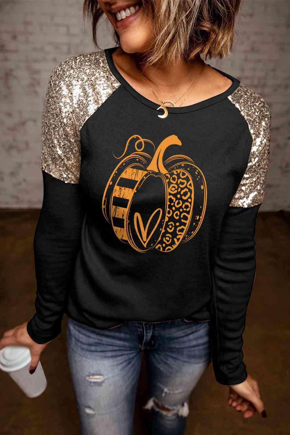 swvws Pumpkin Graphic Sequin T-Shirt