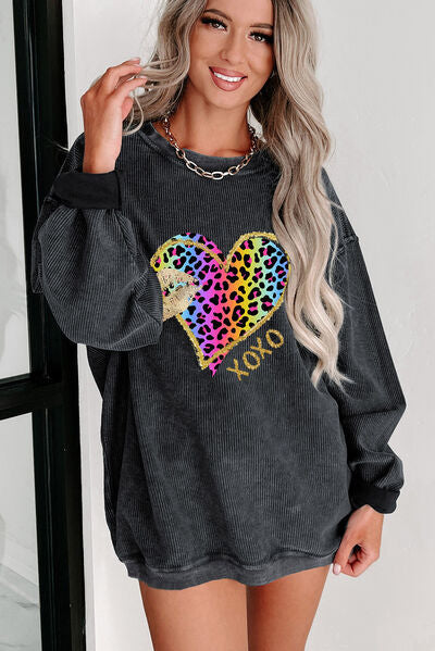 swvws XOXO Leopard Round Neck Sweatshirt