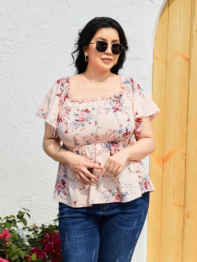 swvws Plus Size Frill Printed Flutter Sleeve Blouse