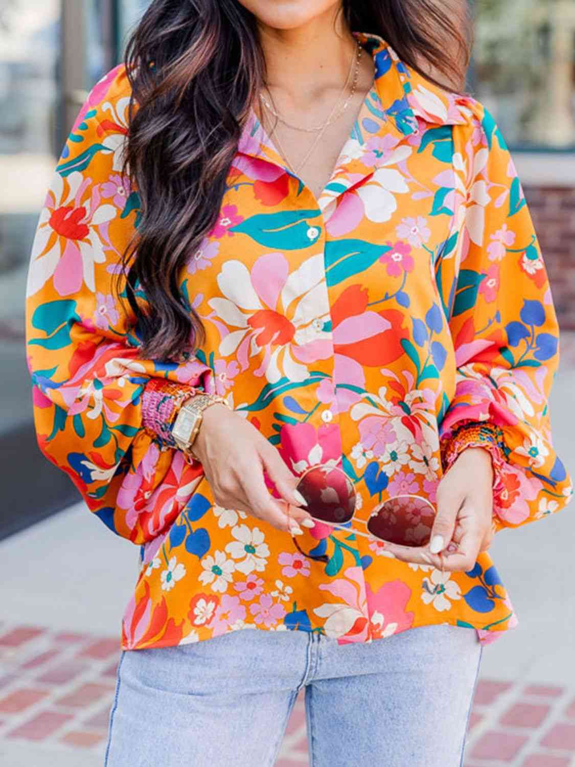 swvws Floral Print Collared Neck Lantern Sleeve  Shirt