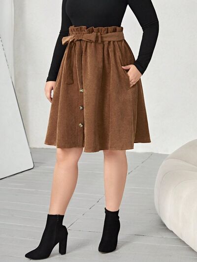 swvws Plus Size Tied Decorative Button Paperbag Waist Skirt