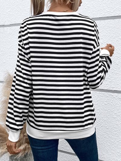 swvws Heart Patch Striped Round Neck Long Sleeve Sweatshirt