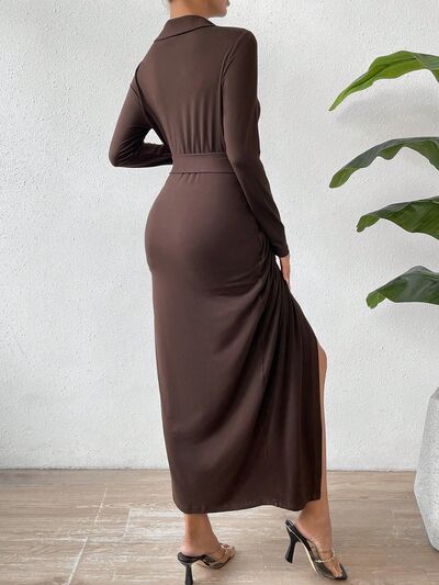 swvws Tied Slit Long Sleeve Wrap Dress