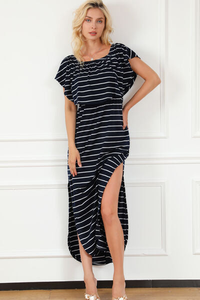 swvws Striped Off-Shoulder Slit Dress