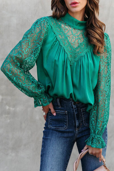 swvws Lace Detail Mock Neck Flounce Sleeve Blouse