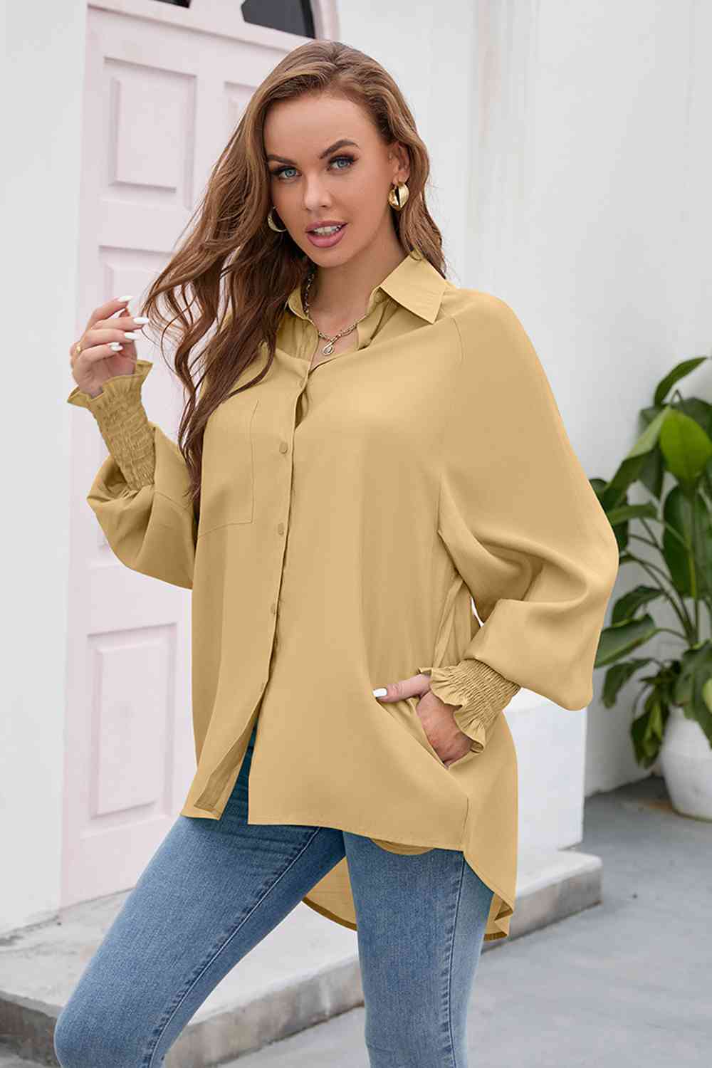 swvws High-Low Collared Neck Lantern Sleeve Shirt