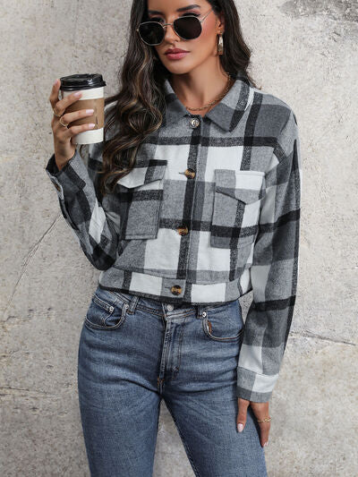 swvws Plaid Button Up Drop Shoulder Cropped Jacket