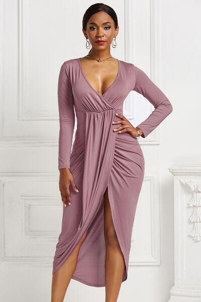 swvws High-low Ruched Surplice Long Sleeve Dress