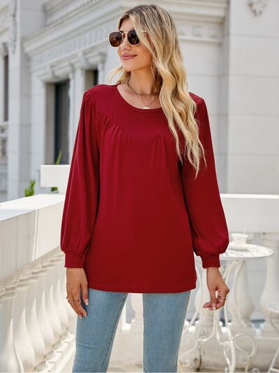 swvws Heathered Round Neck Lantern Sleeve Blouse