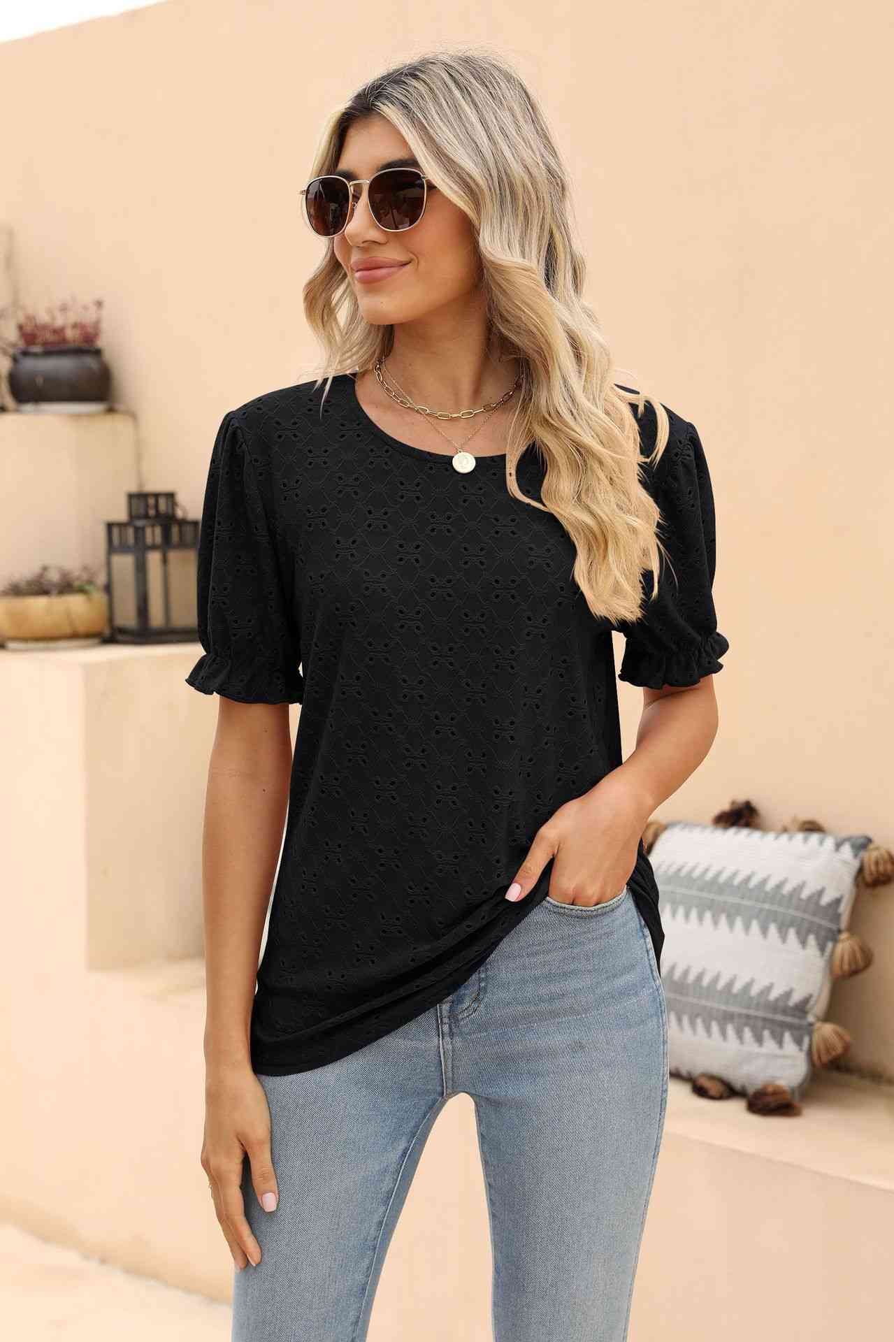 swvws Openwork Round Neck Flounce Sleeve T-Shirt