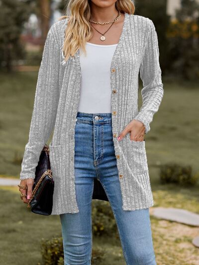 swvws Ribbed Button Up Long Sleeve Cardigan