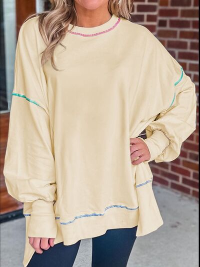 swvws Slit Round Neck Lantern Sleeve Sweatshirt