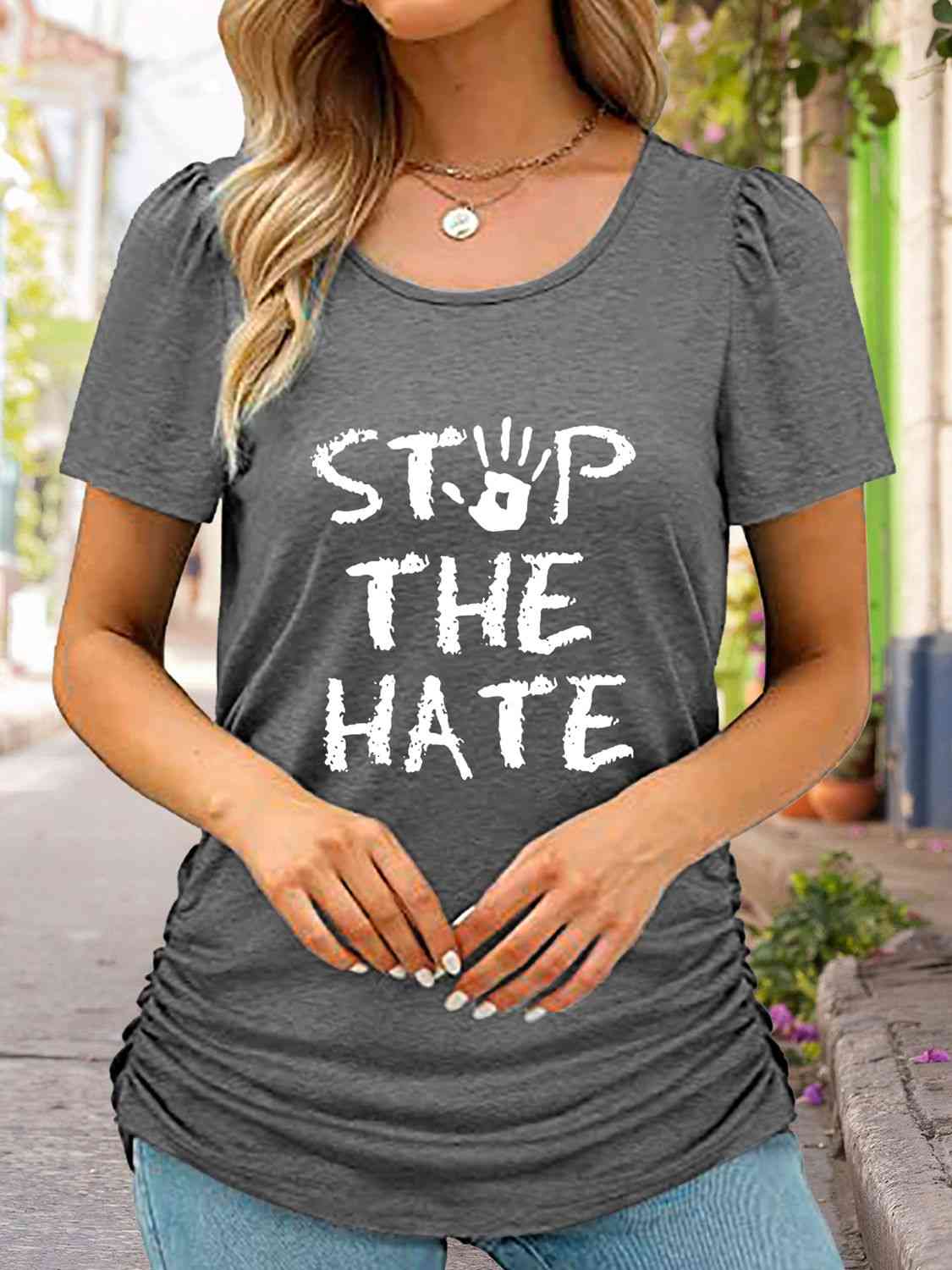 swvws Round Neck Short Sleeve STOP THE HATE Graphic T-Shirt