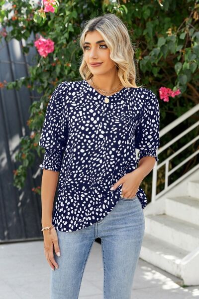 swvws Polka Dot Round Neck Lantern Sleeve Blouse