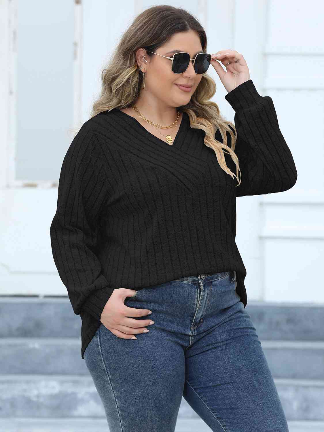 swvws Plus Size Ribbed V-Neck Long Sleeve Top