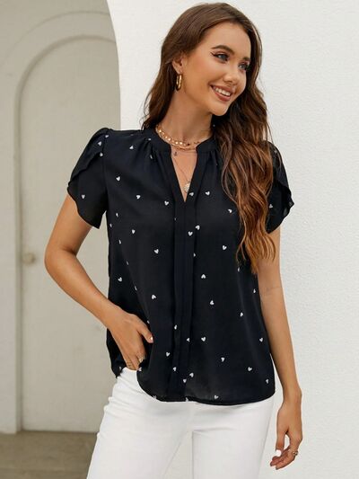 swvws Heart Print Notched Petal Sleeve Blouse