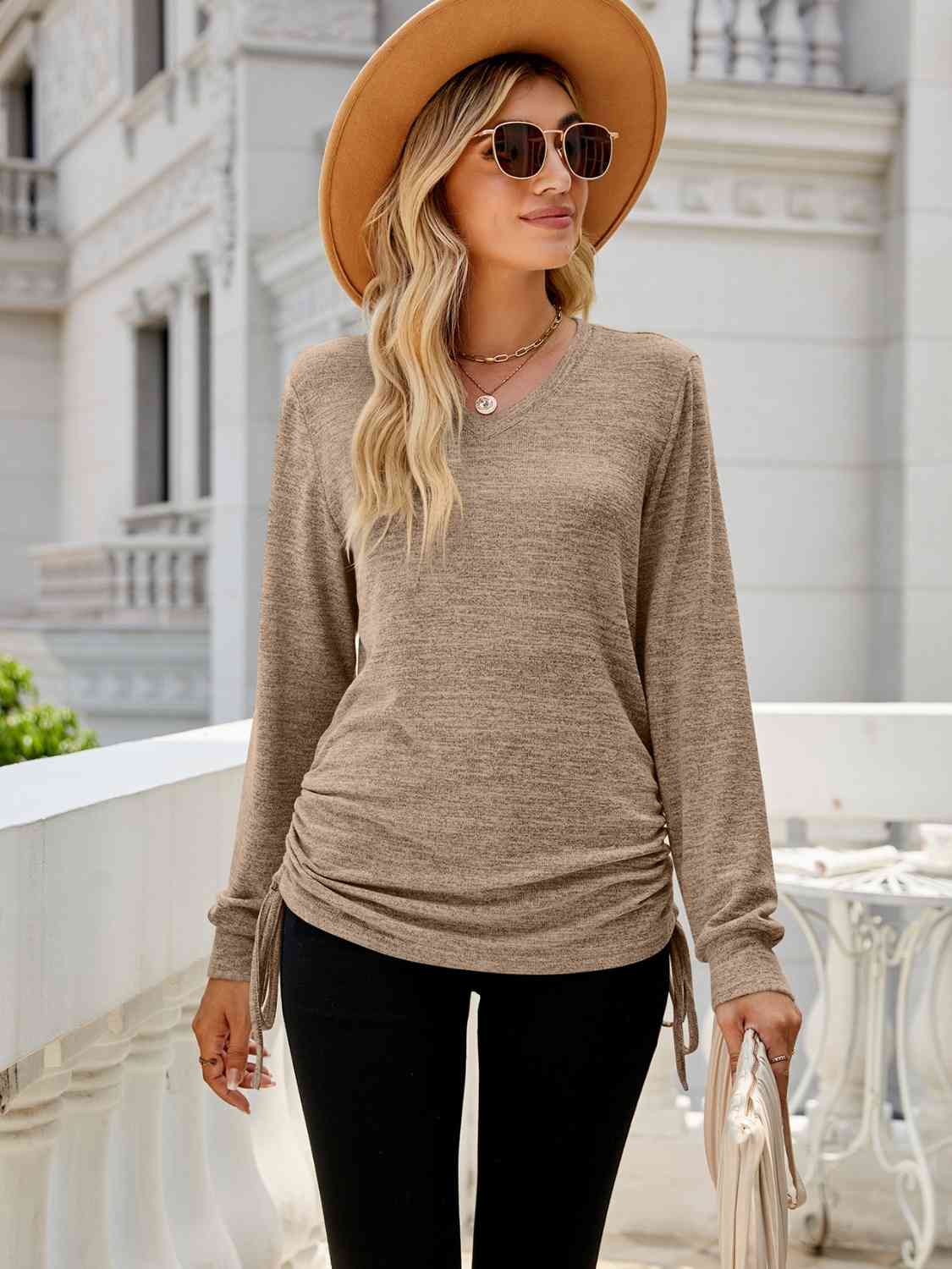 swvws Drawstring V-Neck Long Sleeve T-Shirt