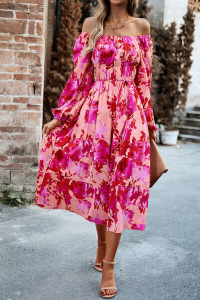 swvws Printed Balloon Sleeve Pocketed Midi Dress